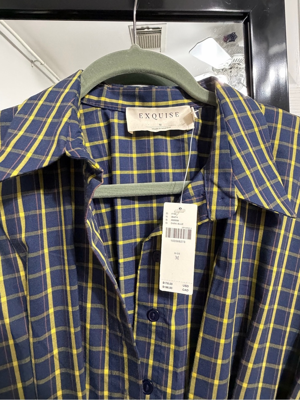 Anthropologie Tobie Mini Checked Short Sleeve Shirt Dress in Navy and Yellow - Picture 6 of 7